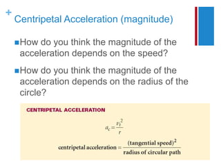 +
Centripetal Acceleration (magnitude)
How do you think the magnitude of the
acceleration depends on the speed?
How do you think the magnitude of the
acceleration depends on the radius of the
circle?
 