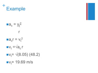 +
Example
ac = vt
2
r
acr = vt
2
vt =√ac r
vt= √(8.05) (48.2)
vt= 19.69 m/s
 