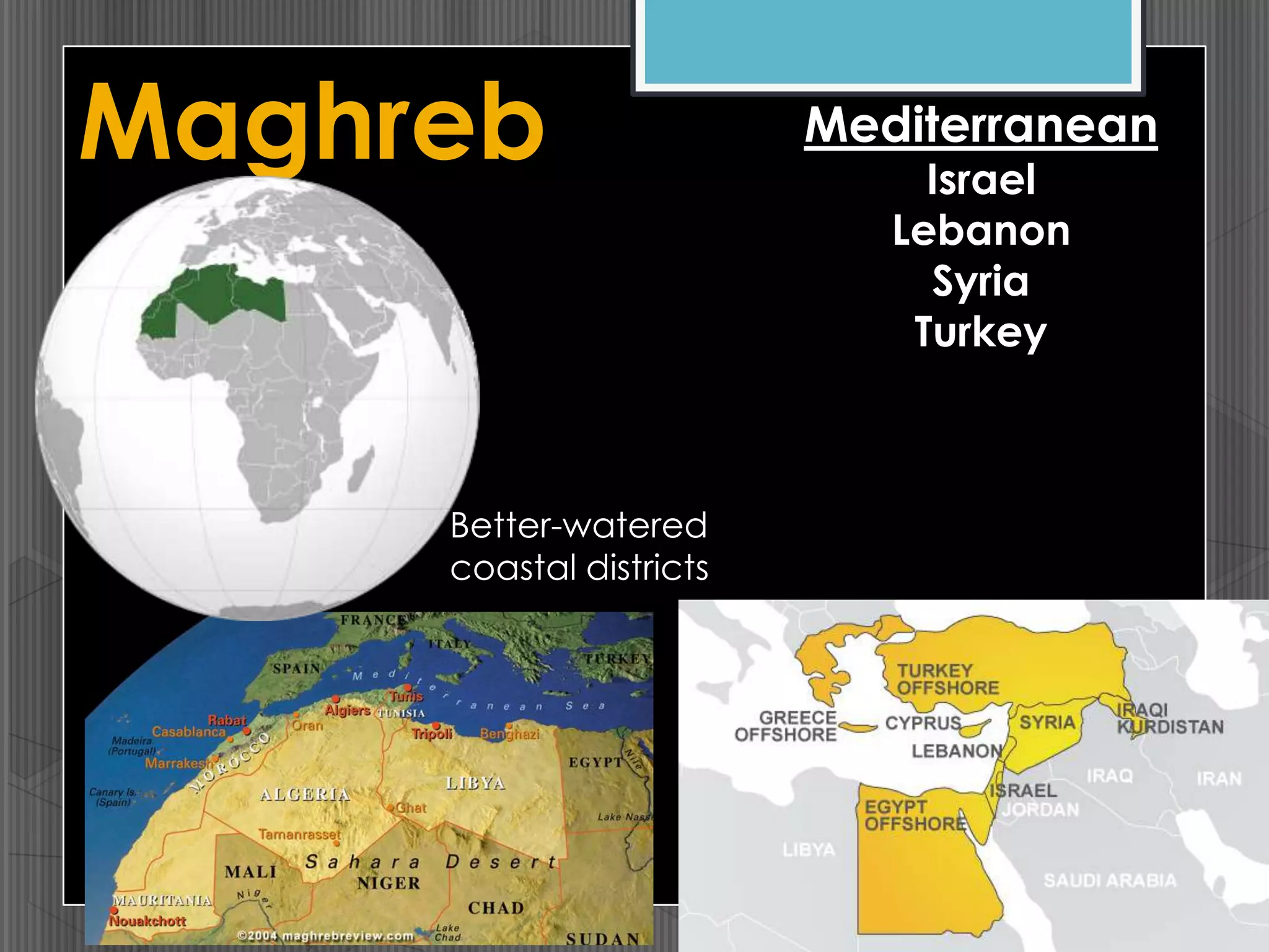 Maghreb Mediterranean
Israel
Lebanon
Syria
Turkey
Better-watered
coastal districts