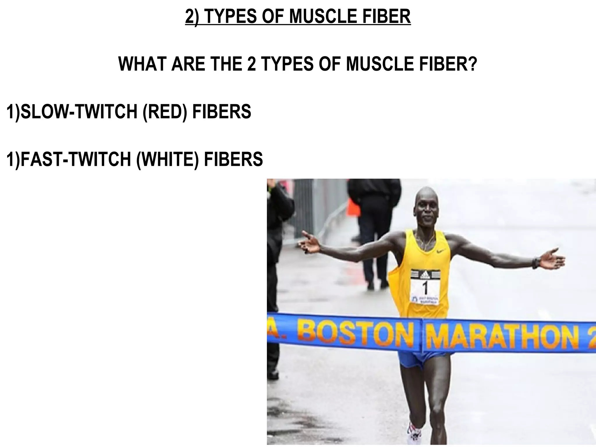 2) TYPES OF MUSCLE FIBER

            WHAT ARE THE 2 TYPES OF MUSCLE FIBER?

1)SLOW-TWITCH (RED) FIBERS

1)FAST-TWITCH (WHITE) FIBERS
 