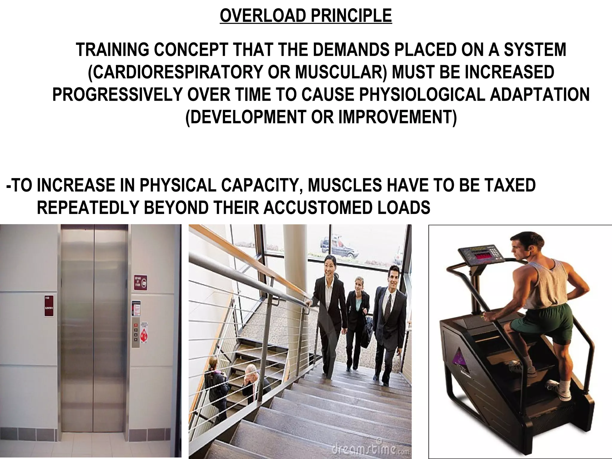 OVERLOAD PRINCIPLE
       TRAINING CONCEPT THAT THE DEMANDS PLACED ON A SYSTEM
        (CARDIORESPIRATORY OR MUSCULAR) MUST BE INCREASED
     PROGRESSIVELY OVER TIME TO CAUSE PHYSIOLOGICAL ADAPTATION
                   (DEVELOPMENT OR IMPROVEMENT)


-TO INCREASE IN PHYSICAL CAPACITY, MUSCLES HAVE TO BE TAXED
    REPEATEDLY BEYOND THEIR ACCUSTOMED LOADS
 