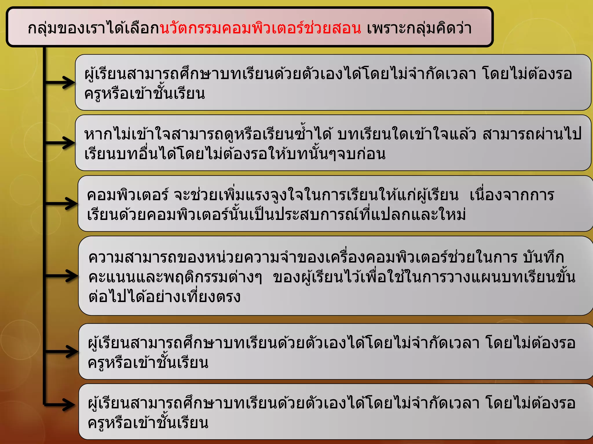 กลุ่มของเราได ้เลือกนวัตกรรมคอมพิวเตอร์ช่วยสอน เพราะกลุ่มคิดว่า
ผู้เรียนสามารถศึกษาบทเรียนด ้วยตัวเองได ้โดยไม่จากัดเวลา โดยไม่ต ้องรอ
ครูหรือเข ้าชั้นเรียน
หากไม่เข ้าใจสามารถดูหรือเรียนซ้าได ้บทเรียนใดเข ้าใจแล ้ว สามารถผ่านไป
เรียนบทอื่นได ้โดยไม่ต ้องรอให ้บทนั้นๆจบก่อน
คอมพิวเตอร์ จะช่วยเพิ่มแรงจูงใจในการเรียนให ้แก่ผู้เรียน เนื่องจากการ
เรียนด ้วยคอมพิวเตอร์นั้นเป็นประสบการณ์ที่แปลกและใหม่
ความสามารถของหน่วยความจาของเครื่องคอมพิวเตอร์ช่วยในการ บันทึก
คะแนนและพฤติกรรมต่างๆ ของผู้เรียนไว ้เพื่อใช ้ในการวางแผนบทเรียนขั้น
ต่อไปได ้อย่างเที่ยงตรง
ผู้เรียนสามารถศึกษาบทเรียนด ้วยตัวเองได ้โดยไม่จากัดเวลา โดยไม่ต ้องรอ
ครูหรือเข ้าชั้นเรียน
ผู้เรียนสามารถศึกษาบทเรียนด ้วยตัวเองได ้โดยไม่จากัดเวลา โดยไม่ต ้องรอ
ครูหรือเข ้าชั้นเรียน
 