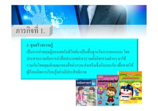 ภารกิจที่ 1
้ ้
ภารกจท 1.
3. ชุดสร้างความรู้
เป็นการนําทฤษฎีคอนสตรัคติวิสต์มาเป็นพื้นฐานในการออกแบบ โดย
่ ้ประสานรวมกับการนําสื่อประเภทต่างๆรวมทั้งกิจกรรมต่างๆ มาใช้
รวมกันโดยคุณลักษณะของสื่อต่างๆจะส่งเสริมซึ่งกันและกัน เพื่อชวยให้
ผู้เรียนเกิดการเรียนรู้อย่างมีประสิทธิภาพ
 