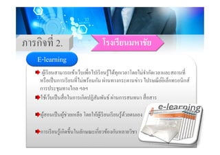 โรงเรียนมหาชัยภารกิจที่ 2 โรงเรยนมหาชยภารกจท 2.
E-learning
ผู้เรียนสามารถเข้าเว็บเพื่อไปเรียนรู้ได้ทุกเวลาโดยไม่จํากัดเวลาและสถานที่
ื ็ ่ไ ้ ไ ์ ็ ์
E learning
หรือเป็นการเรียนทีไม่พร้อมกัน ผ่านทางกระดานข่าว ไปรษณีย์อิเล็กทรอนิกส์
การประชุมทางไกล ฯลฯ
ใ ้ ็ ป็ ื่ ใ ิ ป ิ ั ั ์ ่ ื่ใช้เว็บเป็นสือในการเกิดปฏิสัมพันธ์ ผ่านการสนทนา สือสาร
้ ป็ ้ ่ ื โ ใ ้ ้ ี ี ้ ้ผู้สอนเป็นผู้ช่วยเหลือ โดยให้ผู้เรียนเรียนรู้ด้วยตนเอง
ี ้ ิ ึ้ ใ ั ี่ ้ ั ิการเรยนรู้เกดขนในลกษณะเกยวข้องกนหลายวชา
 