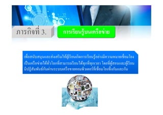 ภารกิจที่ 3 การเรียนร้บนเครือข่ายภารกจท 3. การเรยนรูบนเครอขาย
เพื่อสนับสนนและส่งเสริมให้ผ้เรียนเกิดการเรียนร้อย่างมีความหมายเชื่อมโยงเพอสนบสนุนและสงเสรมใหผูเรยนเกดการเรยนรูอยางมความหมายเชอมโยง
เป็นเครือข่ายได้ทั่วโลกที่สามารถเรียนได้ทุกที่ทุกเวลา โดยที่ผู้สอนและผู้เรียน
มีปฏิสัมพันธ์กันผ่านระบบเครือขายคอมพิวเตอร์ที่เชื่อมโยงซึ่งกันและกันฏ
 