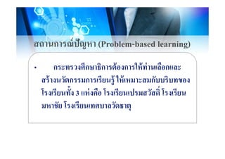 สถานการณ์ปัญหา (Problem based learning)สถานการณปญหา (Problem-based learning)
• กระทรวงศึกษาธิการต้องการให้ท่านเลือกและ
สร้างนวัตกรรมการเรียนร้ ให้เหมาะสมกับบริบทของสรางนวตกรรมการเรยนรู ใหเหมาะสมกบบรบทของ
โรงเรียนทั้ง 3 แห่งคือ โรงเรียนเปรมสวัสดิ์ โรงเรียน
มหาชัย โรงเรียนเทศบาลวัดธาตุ
 