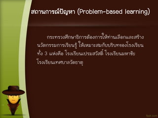 สถานการณ์ปัญหา (Problem-based learning)
กระทรวงศึกษาธิการต้องการให้ท่านเลือกและสร้าง
นวัตกรรมการเรียนรู้ ให้เหมาะสมกับบริบทของโรงเรียน
ทั้ง 3 แห่งคือ โรงเรียนเปรมสวัสดิ์ โรงเรียนมหาชัย
โรงเรียนเทศบาลวัดธาตุ
 