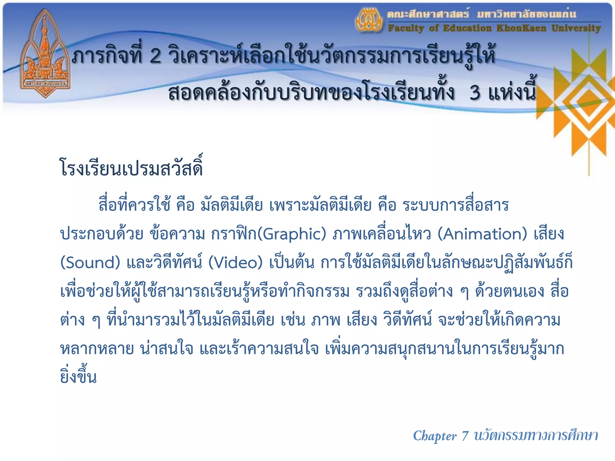ภารกิจที่ 2 วิเคราะห์เลือกใช้นวัตกรรมการเรียนรู้ให้
สอดคล้องกับบริบทของโรงเรียนทั้ง 3 แห่งนี้
โรงเรียนเปรมสวัสดิ์
สื่อที่ควรใช้ คือ มัลติมีเดีย เพราะมัลติมีเดีย คือ ระบบการสื่อสาร
ประกอบด้วย ข้อความ กราฟิก(Graphic) ภาพเคลื่อนไหว (Animation) เสียง
(Sound) และวิดีทัศน์ (Video) เป็นต้น การใช้มัลติมีเดียในลักษณะปฏิสัมพันธ์ก็
เพื่อช่วยให้ผู้ใช้สามารถเรียนรู้หรือทากิจกรรม รวมถึงดูสื่อต่าง ๆ ด้วยตนเอง สื่อ
ต่าง ๆ ที่นามารวมไว้ในมัลติมีเดีย เช่น ภาพ เสียง วิดีทัศน์ จะช่วยให้เกิดความ
หลากหลาย น่าสนใจ และเร้าความสนใจ เพิ่มความสนุกสนานในการเรียนรู้มาก
ยิ่งขึ้น
Chapter 7 นวัตกรรมทางการศึกษา
 