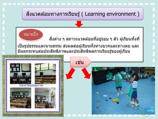 สิ่งแวดล ้อมทางการเรียนรู้ ( Learning environment )
สิ่งต่าง ๆ สภาวะแวดล ้อมที่อยู่รอบ ๆ ตัว ผู้เรียนทั้งที่
เป็นรูปธรรมและนามธรรม ส่งผลต่อผู้เรียนทั้งทางบวกและทางลบ และ
มีผลกระทบต่อประสิทธิภาพและประสิทธิพลการเรียนรู้ของผู้เรียน
หมายถึง
เช่น
 