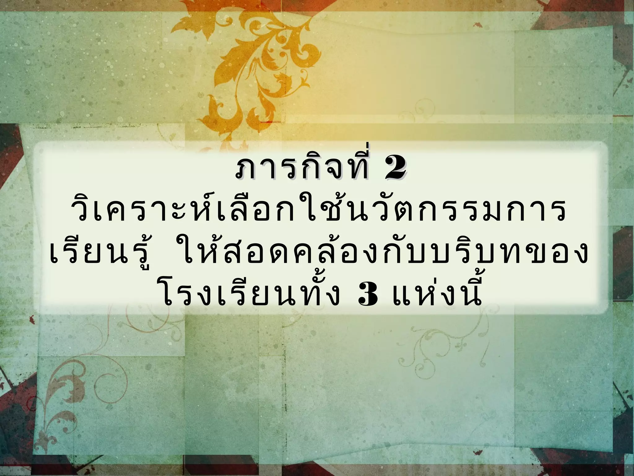 ภารกิจที่ภารกิจที่ 22
วิเคราะห์เลือกใช้นวัตกรรมการ
เรียนรู้ ให้สอดคล้องกับบริบทของ
โรงเรียนทั้ง 3 แห่งนี้
 