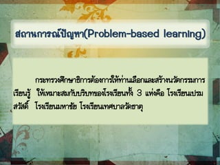 สถานการณ์ปัญหา(Problem-based learning)
กระทรวงศึกษาธิการต้องการให้ท่านเลือกและสร้างนวัตกรรมการ
เรียนรู้ ให้เหมาะสมกับบริบทของโรงเรียนทั้ง 3 แห่งคือ โรงเรียนเปรม
สวัสดิ์ โรงเรียนมหาชัย โรงเรียนเทศบาลวัดธาตุ
 