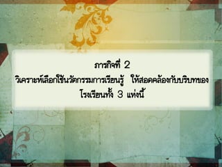 ภารกิจที่ 2
วิเคราะห์เลือกใช้นวัตกรรมการเรียนรู้ ให้สอดคล้องกับบริบทของ
โรงเรียนทั้ง 3 แห่งนี้
 