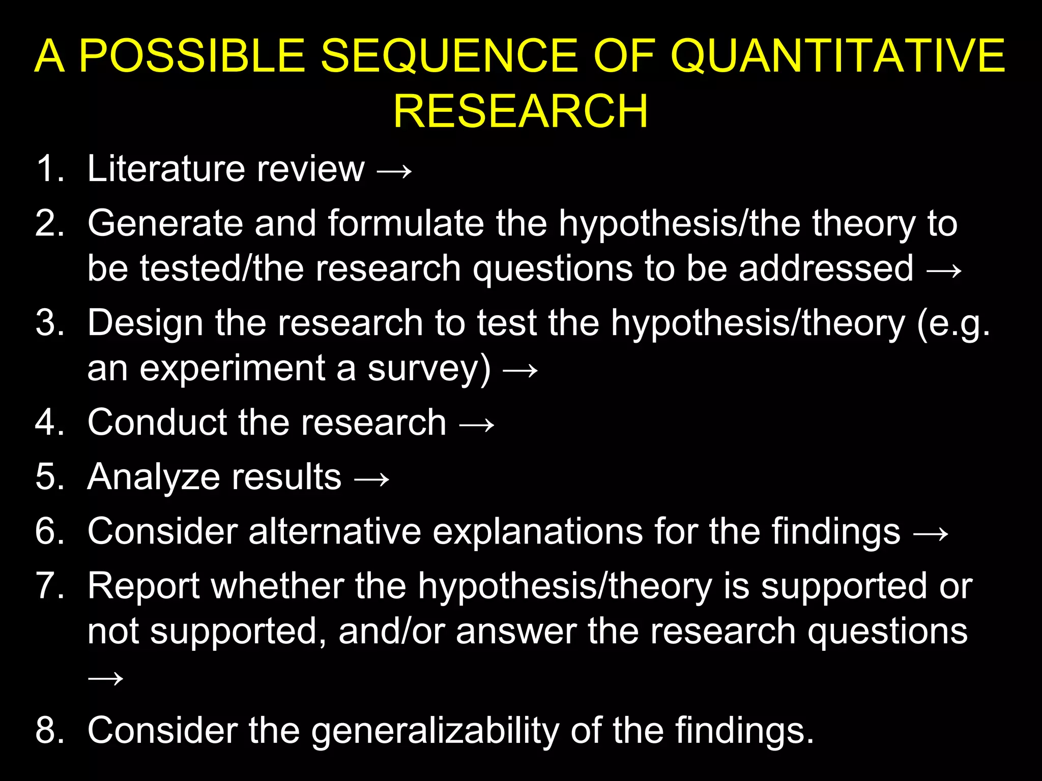 A POSSIBLE SEQUENCE OF QUANTITATIVE
RESEARCH
1. Literature review →
2. Generate and formulate the hypothesis/the theory to
be tested/the research questions to be addressed →
3. Design the research to test the hypothesis/theory (e.g.
an experiment a survey) →
4. Conduct the research →
5. Analyze results →
6. Consider alternative explanations for the findings →
7. Report whether the hypothesis/theory is supported or
not supported, and/or answer the research questions
→
8. Consider the generalizability of the findings.
 