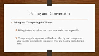 Felling and Conversion
• Felling and Transporting the Timber
 Felling is done by a clean saw cut as near to the base as possible.
 Transporting the log to saw mill is done either by road transport or
dragging (by elephants) to the nearest river and floating them down in
rafts.
 