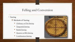 Felling and Conversion
• Sawing
 Methods of Sawing
 Ordinary or Flat Sawing
 Tangential Sawing
 Radial Sawing
 Quarter or Rift Sawing
 Combination Sawing
 