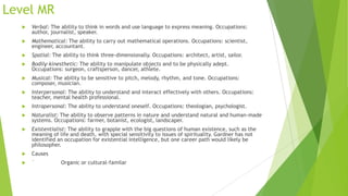Level MR


Verbal: The ability to think in words and use language to express meaning. Occupations:
author, journalist, speaker.



Mathematical: The ability to carry out mathematical operations. Occupations: scientist,
engineer, accountant.



Spatial: The ability to think three-dimensionally. Occupations: architect, artist, sailor.



Bodily-kinesthetic: The ability to manipulate objects and to be physically adept.
Occupations: surgeon, craftsperson, dancer, athlete.



Musical: The ability to be sensitive to pitch, melody, rhythm, and tone. Occupations:
composer, musician.



Interpersonal: The ability to understand and interact effectively with others. Occupations:
teacher, mental health professional.



Intrapersonal: The ability to understand oneself. Occupations: theologian, psychologist.



Naturalist: The ability to observe patterns in nature and understand natural and human-made
systems. Occupations: farmer, botanist, ecologist, landscaper.



Existentialist: The ability to grapple with the big questions of human existence, such as the
meaning of life and death, with special sensitivity to issues of spirituality. Gardner has not
identified an occupation for existential intelligence, but one career path would likely be
philosopher.



Causes



`

Organic or cultural-familar

 