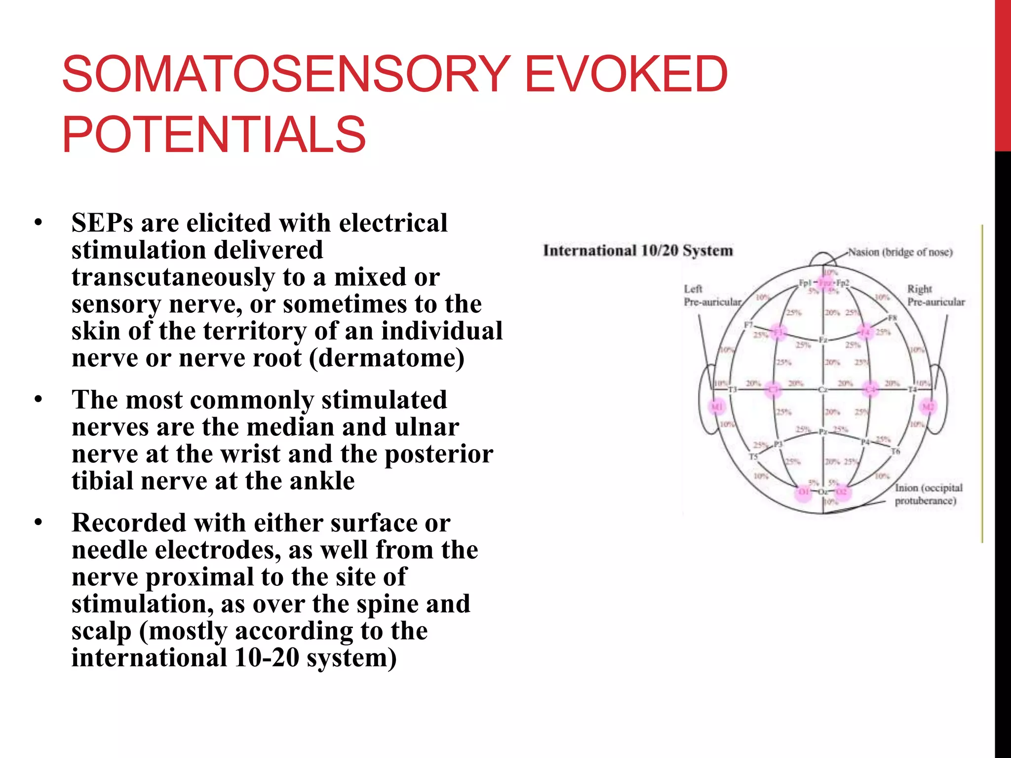 SOMATOSENSORY EVOKED
POTENTIALS
• SEPs are elicited with electrical
stimulation delivered
transcutaneously to a mixed or
sensory nerve, or sometimes to the
skin of the territory of an individual
nerve or nerve root (dermatome)
• The most commonly stimulated
nerves are the median and ulnar
nerve at the wrist and the posterior
tibial nerve at the ankle
• Recorded with either surface or
needle electrodes, as well from the
nerve proximal to the site of
stimulation, as over the spine and
scalp (mostly according to the
international 10-20 system)
 