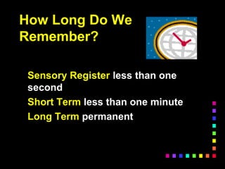 How Long Do We
Remember?
Sensory Register less than one
second
Short Term less than one minute
Long Term permanent
 