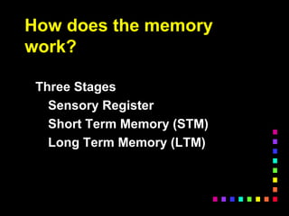 How does the memory
work?
Three Stages
Sensory Register
Short Term Memory (STM)
Long Term Memory (LTM)
 