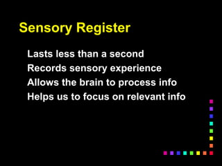 Sensory Register
Lasts less than a second
Records sensory experience
Allows the brain to process info
Helps us to focus on relevant info
 
