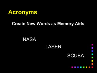 Acronyms
Create New Words as Memory Aids
NASA
LASER
SCUBA
 