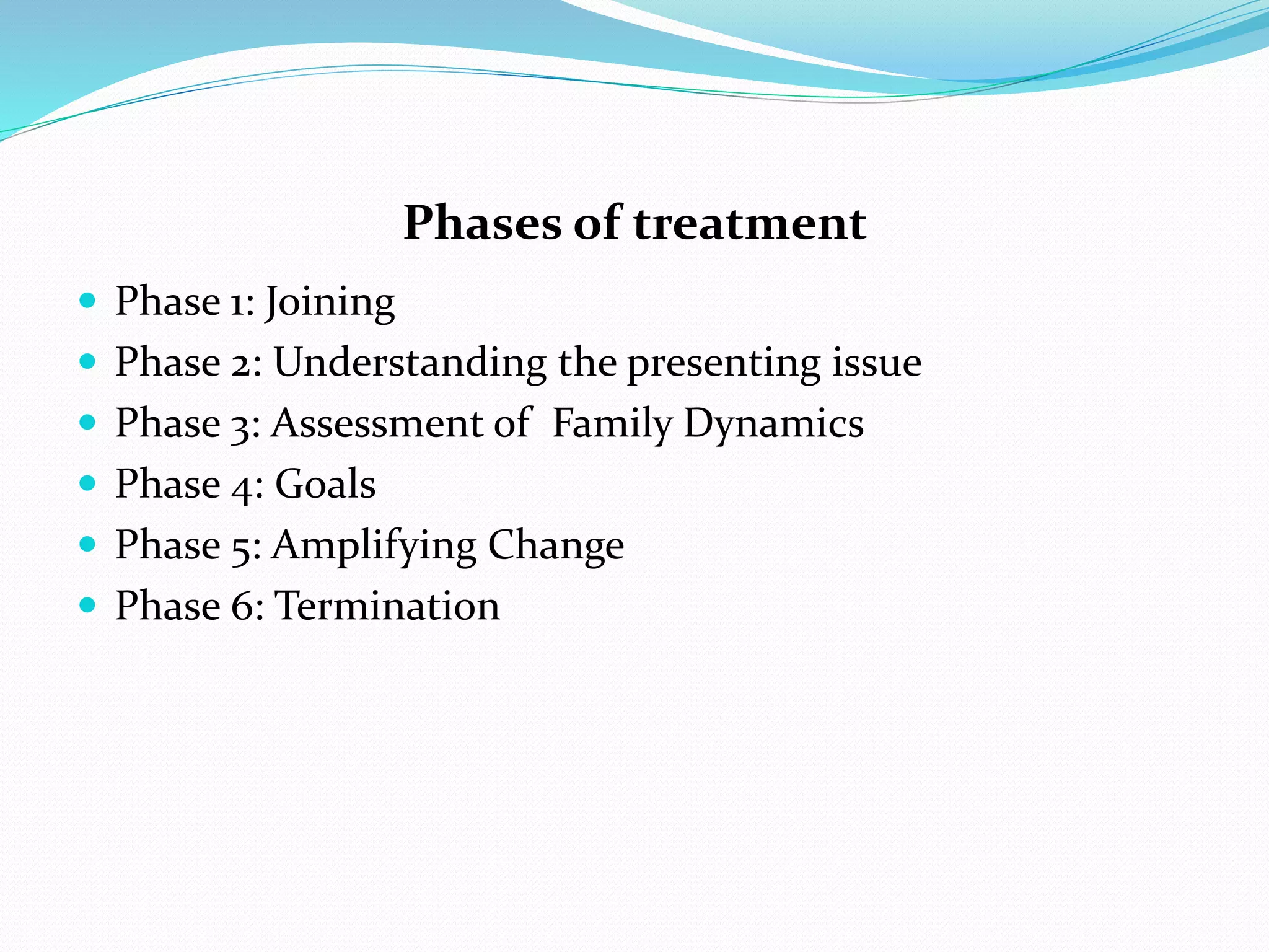 Phases of treatment 
 Phase 1: Joining 
 Phase 2: Understanding the presenting issue 
 Phase 3: Assessment of Family Dynamics 
 Phase 4: Goals 
 Phase 5: Amplifying Change 
 Phase 6: Termination 
 