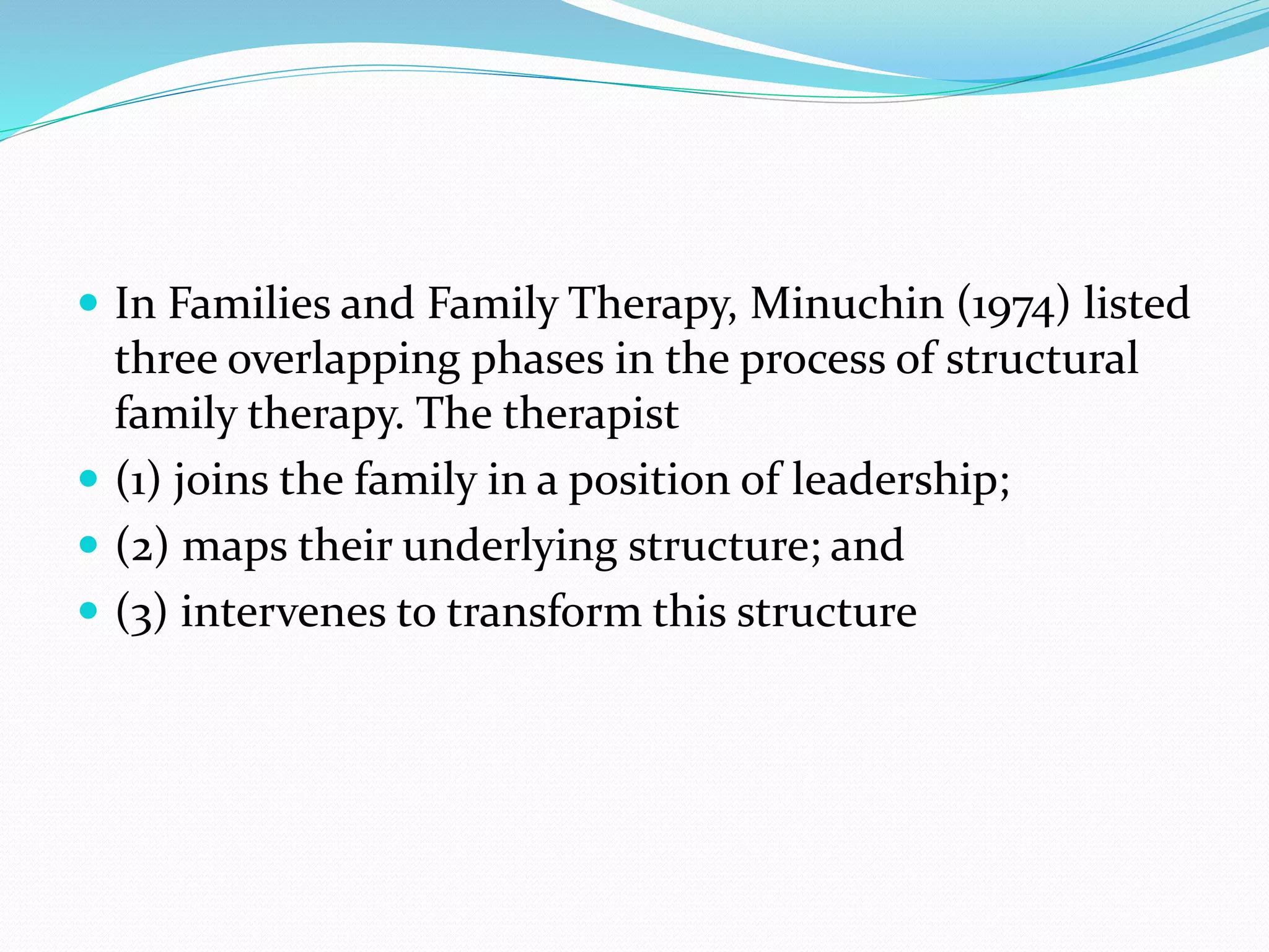  In Families and Family Therapy, Minuchin (1974) listed 
three overlapping phases in the process of structural 
family therapy. The therapist 
 (1) joins the family in a position of leadership; 
 (2) maps their underlying structure; and 
 (3) intervenes to transform this structure 
 