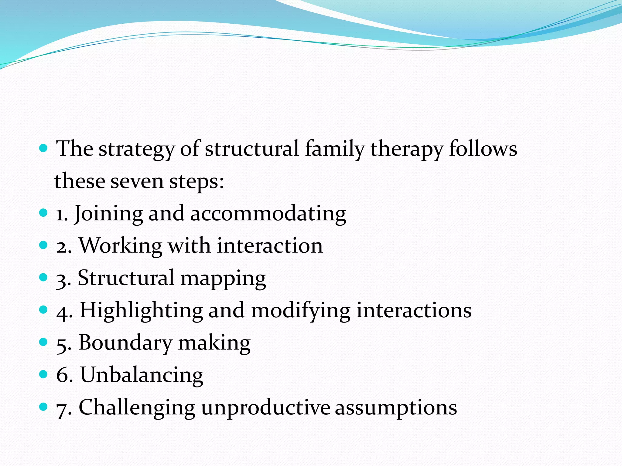  The strategy of structural family therapy follows 
these seven steps: 
 1. Joining and accommodating 
 2. Working with interaction 
 3. Structural mapping 
 4. Highlighting and modifying interactions 
 5. Boundary making 
 6. Unbalancing 
 7. Challenging unproductive assumptions 
 