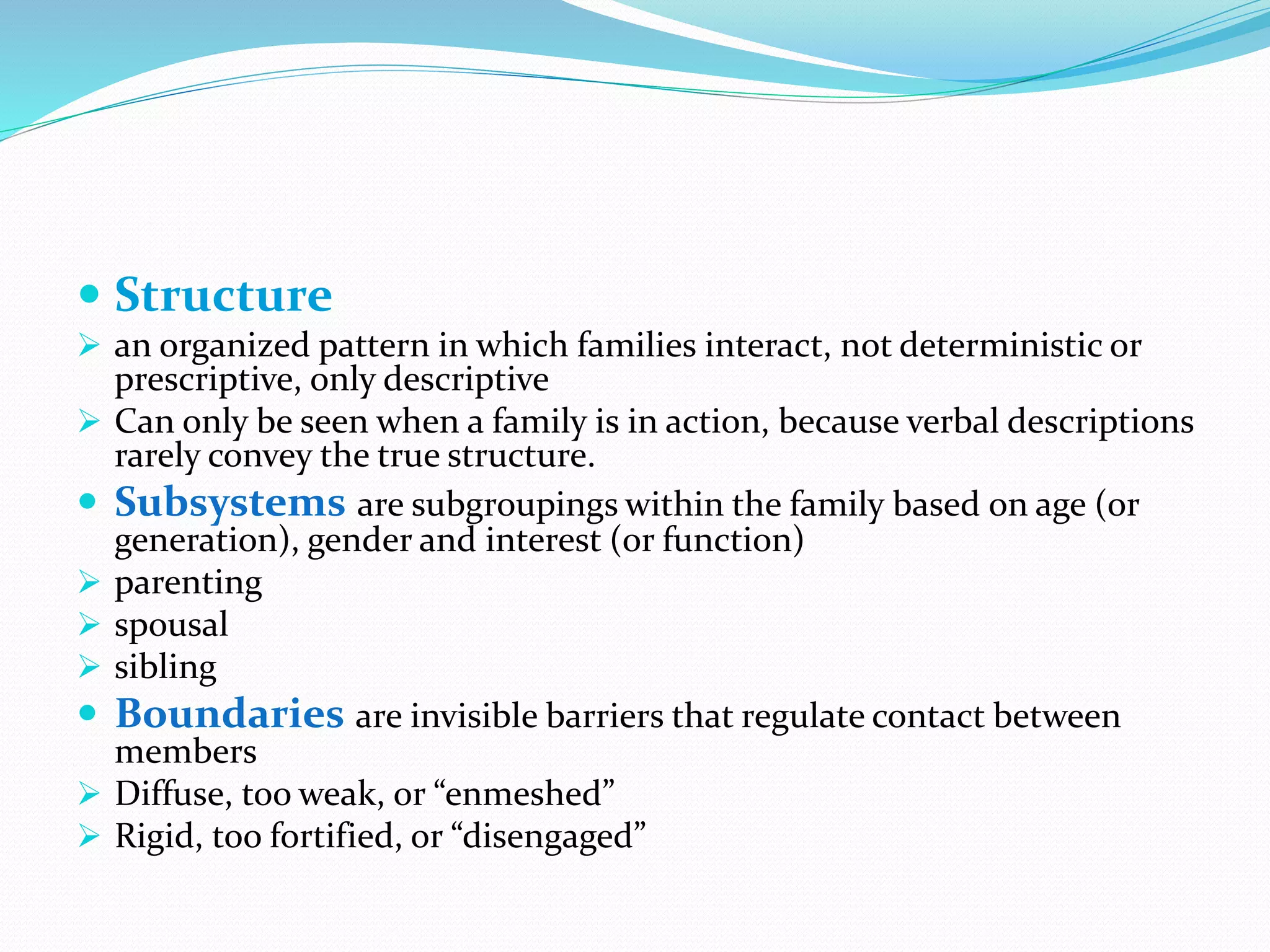  Structure 
 an organized pattern in which families interact, not deterministic or 
prescriptive, only descriptive 
 Can only be seen when a family is in action, because verbal descriptions 
rarely convey the true structure. 
 Subsystems are subgroupings within the family based on age (or 
generation), gender and interest (or function) 
 parenting 
 spousal 
 sibling 
 Boundaries are invisible barriers that regulate contact between 
members 
 Diffuse, too weak, or “enmeshed” 
 Rigid, too fortified, or “disengaged” 
 