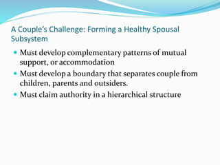 A Couple’s Challenge: Forming a Healthy Spousal 
Subsystem 
 Must develop complementary patterns of mutual 
support, or accommodation 
 Must develop a boundary that separates couple from 
children, parents and outsiders. 
 Must claim authority in a hierarchical structure 
 