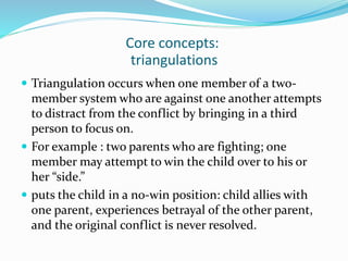 Core concepts: 
triangulations 
 Triangulation occurs when one member of a two-member 
system who are against one another attempts 
to distract from the conflict by bringing in a third 
person to focus on. 
 For example : two parents who are fighting; one 
member may attempt to win the child over to his or 
her “side.” 
 puts the child in a no-win position: child allies with 
one parent, experiences betrayal of the other parent, 
and the original conflict is never resolved. 
 