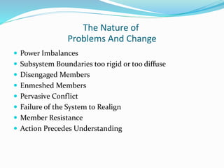 The Nature of 
Problems And Change 
 Power Imbalances 
 Subsystem Boundaries too rigid or too diffuse 
 Disengaged Members 
 Enmeshed Members 
 Pervasive Conflict 
 Failure of the System to Realign 
 Member Resistance 
 Action Precedes Understanding 
 