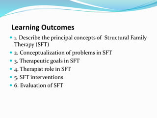 Learning Outcomes 
 1. Describe the principal concepts of Structural Family 
Therapy (SFT) 
 2. Conceptualization of problems in SFT 
 3. Therapeutic goals in SFT 
 4. Therapist role in SFT 
 5. SFT interventions 
 6. Evaluation of SFT 
 