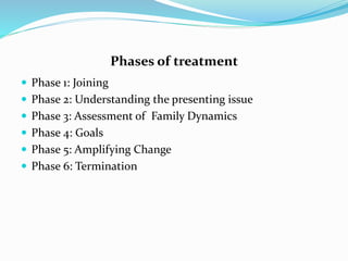 Phases of treatment 
 Phase 1: Joining 
 Phase 2: Understanding the presenting issue 
 Phase 3: Assessment of Family Dynamics 
 Phase 4: Goals 
 Phase 5: Amplifying Change 
 Phase 6: Termination 
 