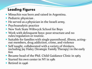 Leading Figures 
 Minuchin was born and raised in Argentina. 
 Pediatric physician . 
 He served as a physician in the Israeli army, 
 Psychoanalytic practice 
 New York State Wiltwyck School for Boys 
 Work with delinquent boys: poor structure and no 
rules/regulation or routine. 
 Suitable for families with single parenthood, illness, acting-out 
members, drug addiction, crime, and violence 
 Self taught, collaborated with a variety of thinkers, 
including Jay Haley (Strategic Family Therapy) in the early 
60s 
 Became head of the Phil. Child Guidance Clinic in 1965 
 Started his own center in NY in 1981 
 Retired in 1996 
 