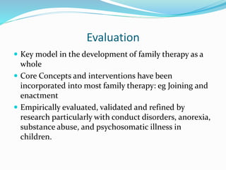 Evaluation 
 Key model in the development of family therapy as a 
whole 
 Core Concepts and interventions have been 
incorporated into most family therapy: eg Joining and 
enactment 
 Empirically evaluated, validated and refined by 
research particularly with conduct disorders, anorexia, 
substance abuse, and psychosomatic illness in 
children. 
