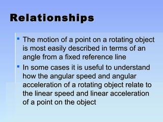 RReellaattiioonnsshhiippss 
 TThhee mmoottiioonn ooff aa ppooiinntt oonn aa rroottaattiinngg oobbjjeecctt 
iiss mmoosstt eeaassiillyy ddeessccrriibbeedd iinn tteerrmmss ooff aann 
aannggllee ffrroomm aa ffiixxeedd rreeffeerreennccee lliinnee 
 IInn ssoommee ccaasseess iitt iiss uusseeffuull ttoo uunnddeerrssttaanndd 
hhooww tthhee aanngguullaarr ssppeeeedd aanndd aanngguullaarr 
aacccceelleerraattiioonn ooff aa rroottaattiinngg oobbjjeecctt rreellaattee ttoo 
tthhee lliinneeaarr ssppeeeedd aanndd lliinneeaarr aacccceelleerraattiioonn 
ooff aa ppooiinntt oonn tthhee oobbjjeecctt 
 