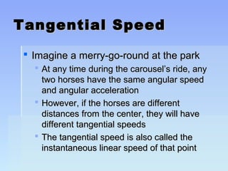 TTaannggeennttiiaall SSppeeeedd 
 IImmaaggiinnee aa mmeerrrryy--ggoo--rroouunndd aatt tthhee ppaarrkk 
 AAtt aannyy ttiimmee dduurriinngg tthhee ccaarroouusseell’’ss rriiddee,, aannyy 
ttwwoo hhoorrsseess hhaavvee tthhee ssaammee aanngguullaarr ssppeeeedd 
aanndd aanngguullaarr aacccceelleerraattiioonn 
 HHoowweevveerr,, iiff tthhee hhoorrsseess aarree ddiiffffeerreenntt 
ddiissttaanncceess ffrroomm tthhee cceenntteerr,, tthheeyy wwiillll hhaavvee 
ddiiffffeerreenntt ttaannggeennttiiaall ssppeeeeddss 
 TThhee ttaannggeennttiiaall ssppeeeedd iiss aallssoo ccaalllleedd tthhee 
iinnssttaannttaanneeoouuss lliinneeaarr ssppeeeedd ooff tthhaatt ppooiinntt 
 