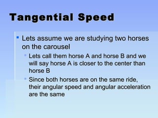 TTaannggeennttiiaall SSppeeeedd 
 LLeettss aassssuummee wwee aarree ssttuuddyyiinngg ttwwoo hhoorrsseess 
oonn tthhee ccaarroouusseell 
 LLeettss ccaallll tthheemm hhoorrssee AA aanndd hhoorrssee BB aanndd wwee 
wwiillll ssaayy hhoorrssee AA iiss cclloosseerr ttoo tthhee cceenntteerr tthhaann 
hhoorrssee BB 
 SSiinnccee bbootthh hhoorrsseess aarree oonn tthhee ssaammee rriiddee,, 
tthheeiirr aanngguullaarr ssppeeeedd aanndd aanngguullaarr aacccceelleerraattiioonn 
aarree tthhee ssaammee 
 