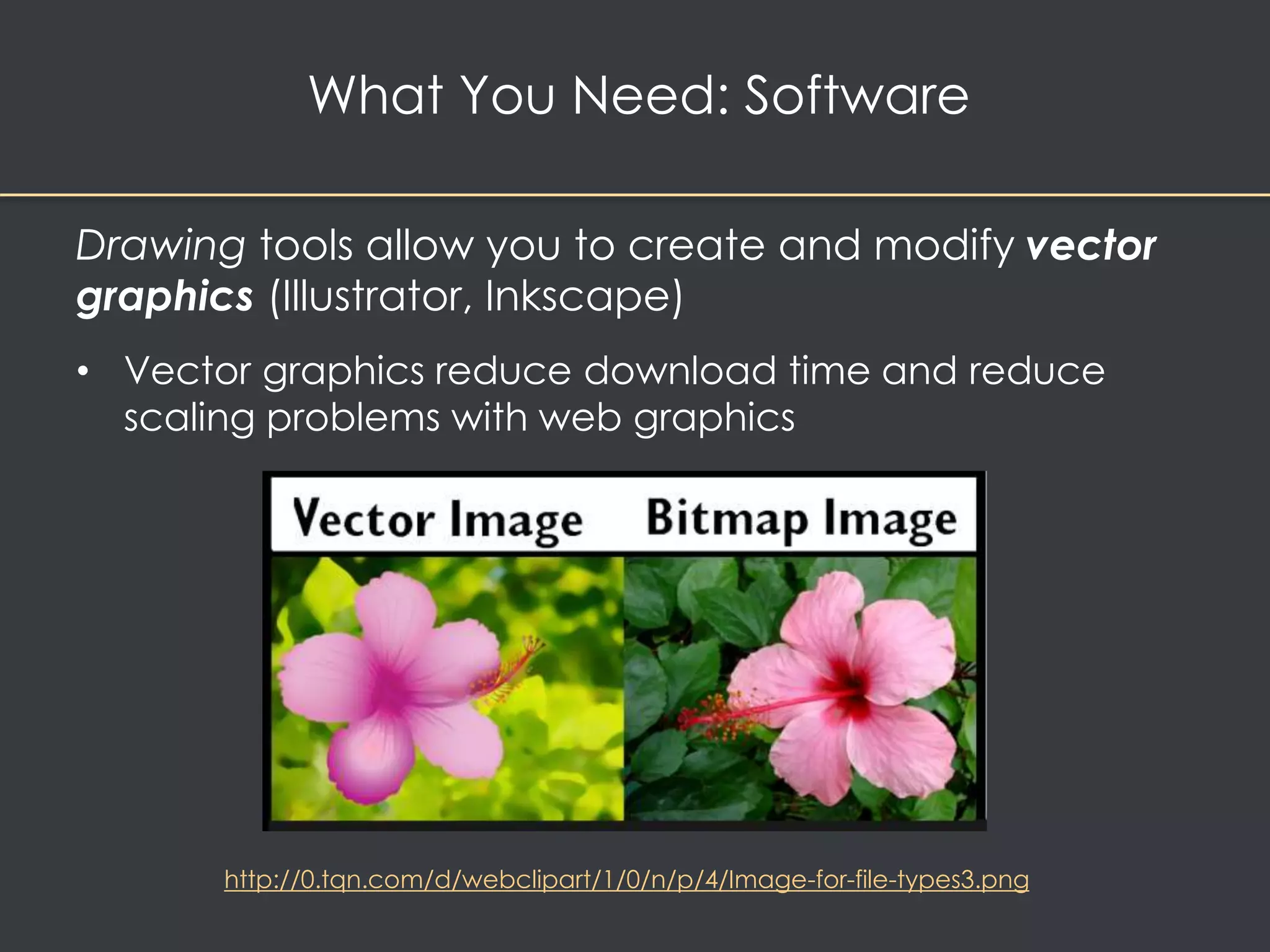 What You Need: Software 
Drawing tools allow you to create and modify vector 
graphics (Illustrator, Inkscape) 
• Vector graphics reduce download time and reduce 
scaling problems with web graphics 
http://0.tqn.com/d/webclipart/1/0/n/p/4/Image-for-file-types3.png 
 