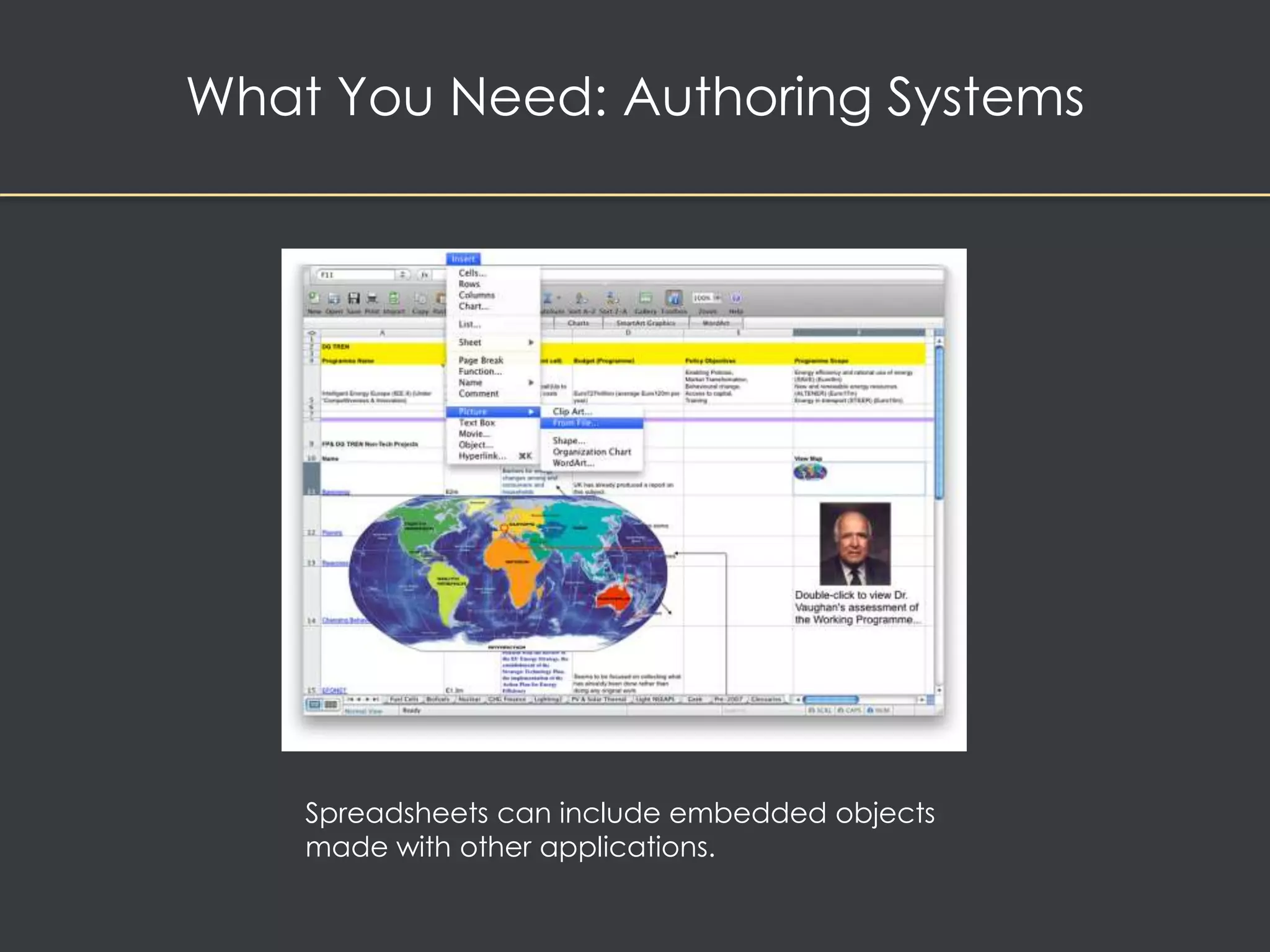 What You Need: Authoring Systems 
Spreadsheets can include embedded objects 
made with other applications. 
 