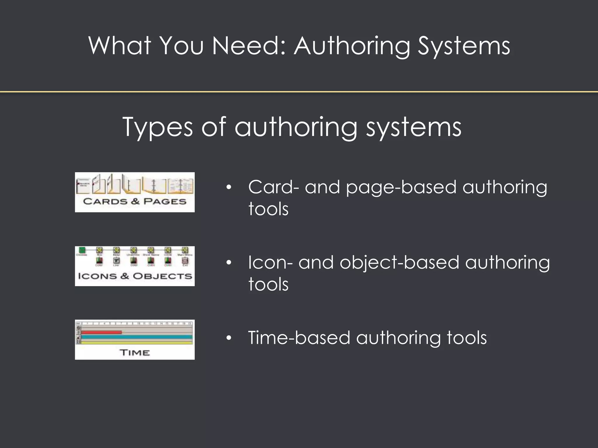 What You Need: Authoring Systems 
Types of authoring systems 
• Card- and page-based authoring 
tools 
• Icon- and object-based authoring 
tools 
• Time-based authoring tools 
 