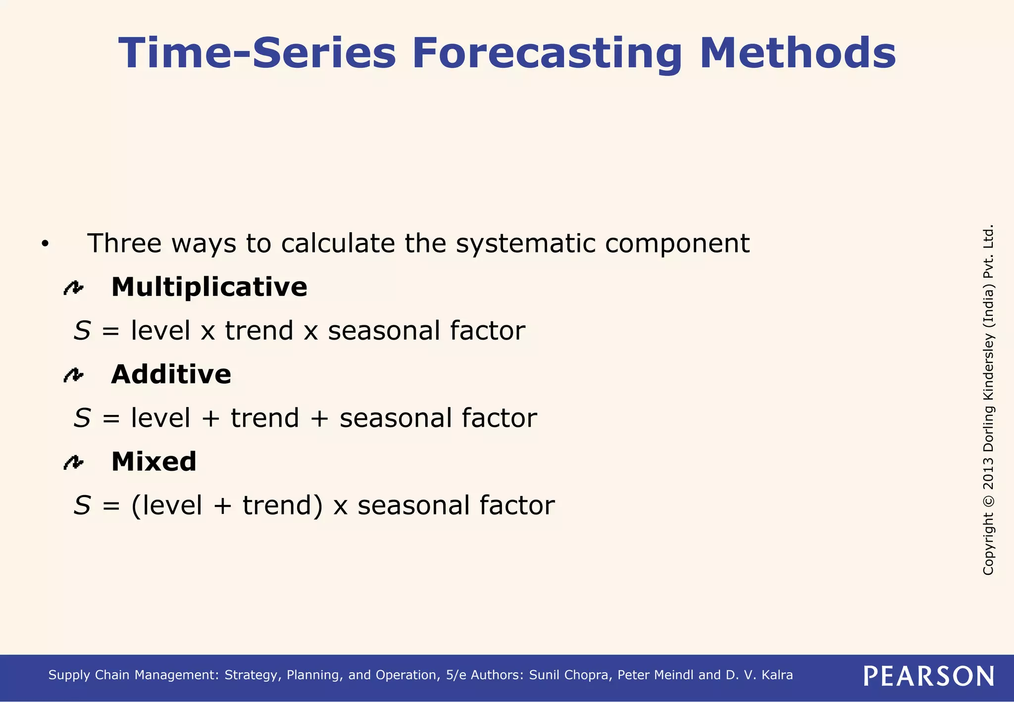 Copyright © 2013 Dorling Kindersley (India) Pvt. Ltd. 
Time-Series Forecasting Methods 
• Three ways to calculate the systematic component 
Multiplicative 
S = level x trend x seasonal factor 
Additive 
S = level + trend + seasonal factor 
Mixed 
S = (level + trend) x seasonal factor 
Supply Chain Management: Strategy, Planning, and Operation, 5/e Authors: Sunil Chopra, Peter Meindl and D. V. Kalra 
 