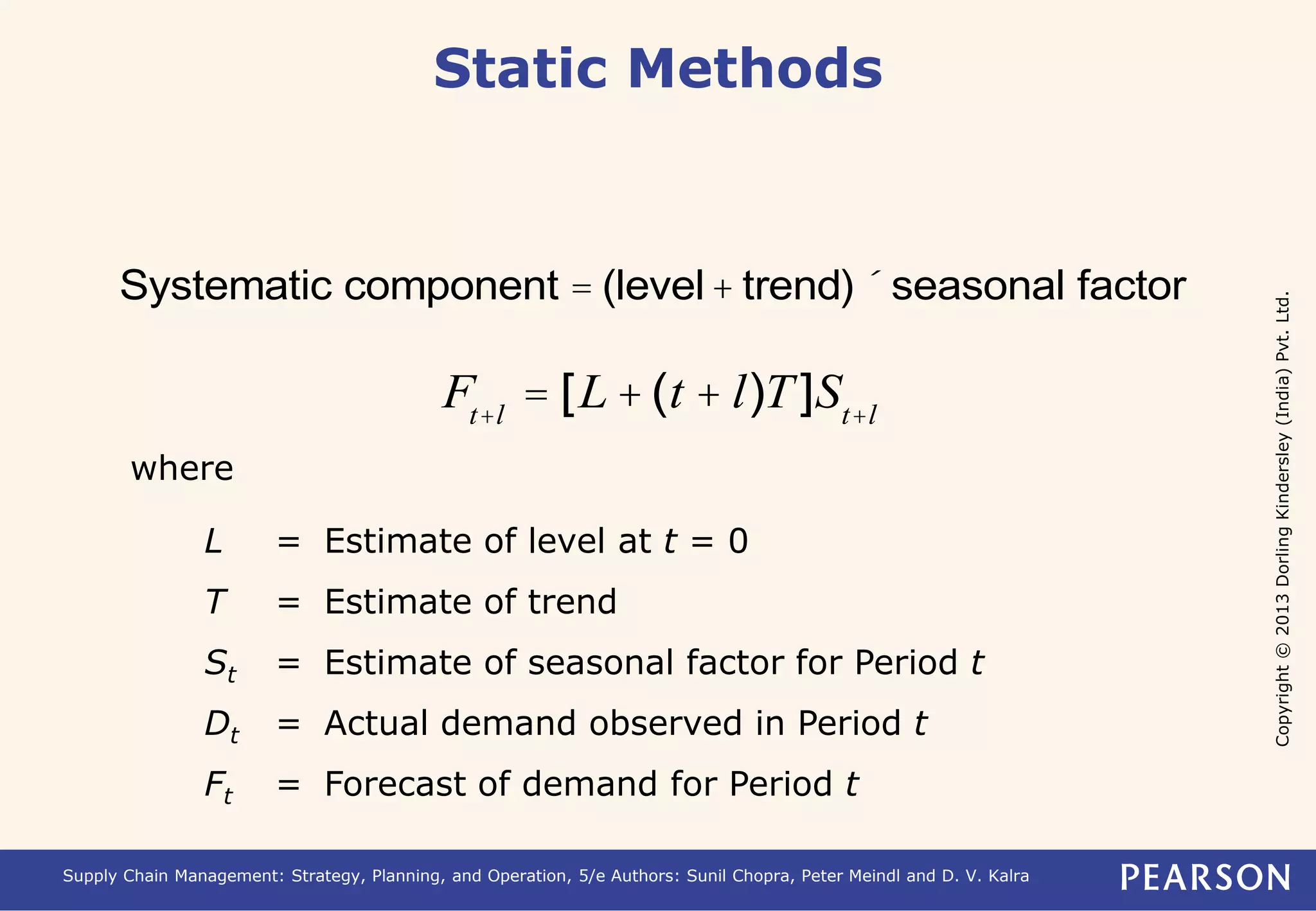Copyright © 2013 Dorling Kindersley (India) Pvt. Ltd. 
Static Methods 
Systematic component = (level+ trend) ´ seasonal factor 
Ft+l = [L +(t + l)T]St+l 
where 
L = Estimate of level at t = 0 
T = Estimate of trend 
St = Estimate of seasonal factor for Period t 
Dt = Actual demand observed in Period t 
Ft = Forecast of demand for Period t 
Supply Chain Management: Strategy, Planning, and Operation, 5/e Authors: Sunil Chopra, Peter Meindl and D. V. Kalra 
 