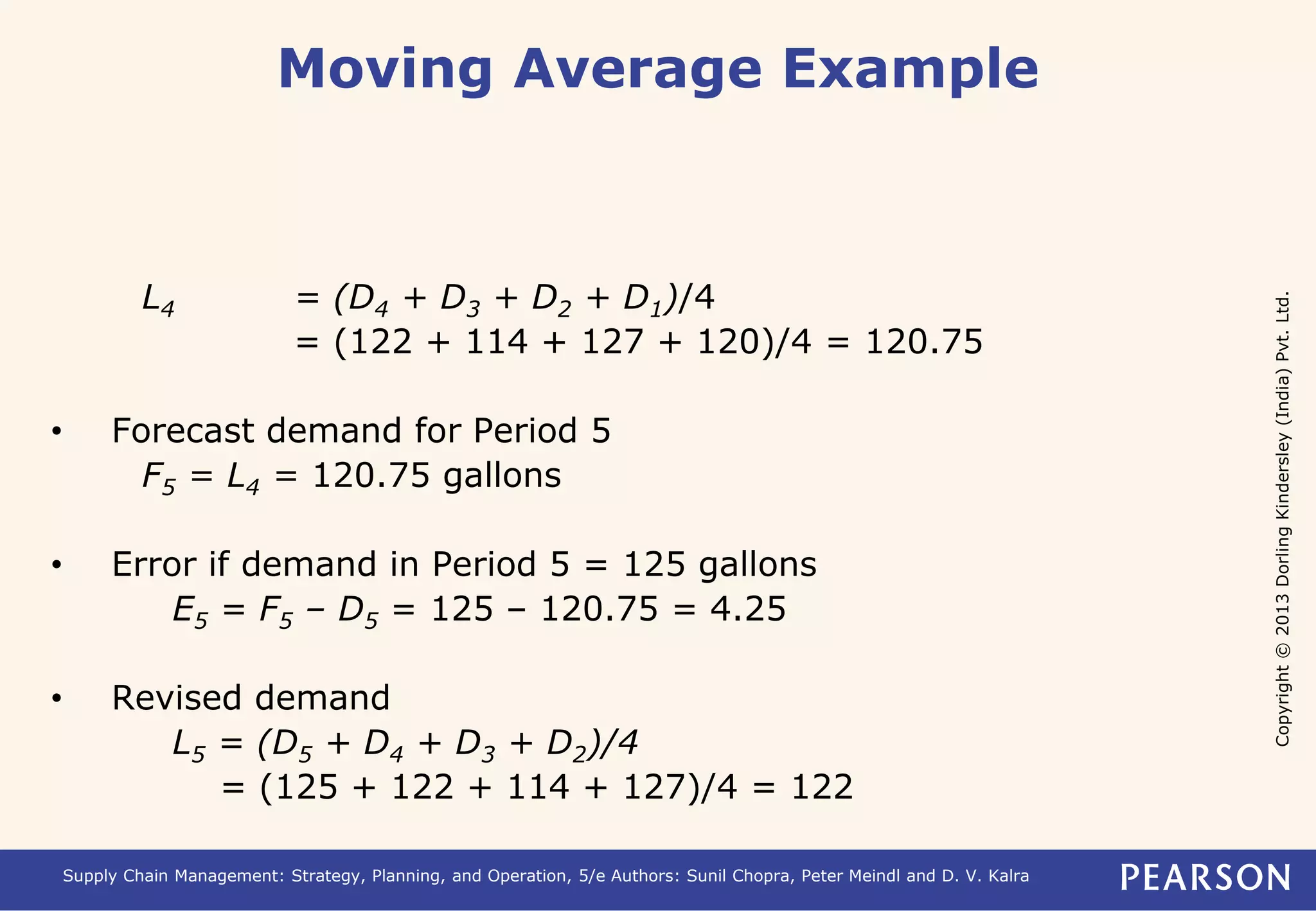 Copyright © 2013 Dorling Kindersley (India) Pvt. Ltd. 
Moving Average Example 
L4 = (D4 + D3 + D2 + D1)/4 
= (122 + 114 + 127 + 120)/4 = 120.75 
• Forecast demand for Period 5 
F5 = L4 = 120.75 gallons 
• Error if demand in Period 5 = 125 gallons 
E5 = F5 – D5 = 125 – 120.75 = 4.25 
• Revised demand 
L5 = (D5 + D4 + D3 + D2)/4 
= (125 + 122 + 114 + 127)/4 = 122 
Supply Chain Management: Strategy, Planning, and Operation, 5/e Authors: Sunil Chopra, Peter Meindl and D. V. Kalra 
 