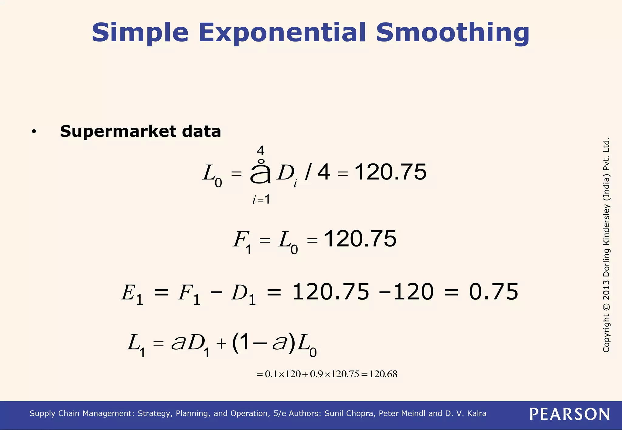Copyright © 2013 Dorling Kindersley (India) Pvt. Ltd. 
Simple Exponential Smoothing 
• Supermarket data 
4 
å / 4 = 120.75 
L0 = Di 
i=1 
F1 = L0 =120.75 
E1 = F1 – D1 = 120.75 –120 = 0.75 
L1 =aD1 +(1–a)L0 
 0.1120 0.9120.75 120.68 
Supply Chain Management: Strategy, Planning, and Operation, 5/e Authors: Sunil Chopra, Peter Meindl and D. V. Kalra 
 