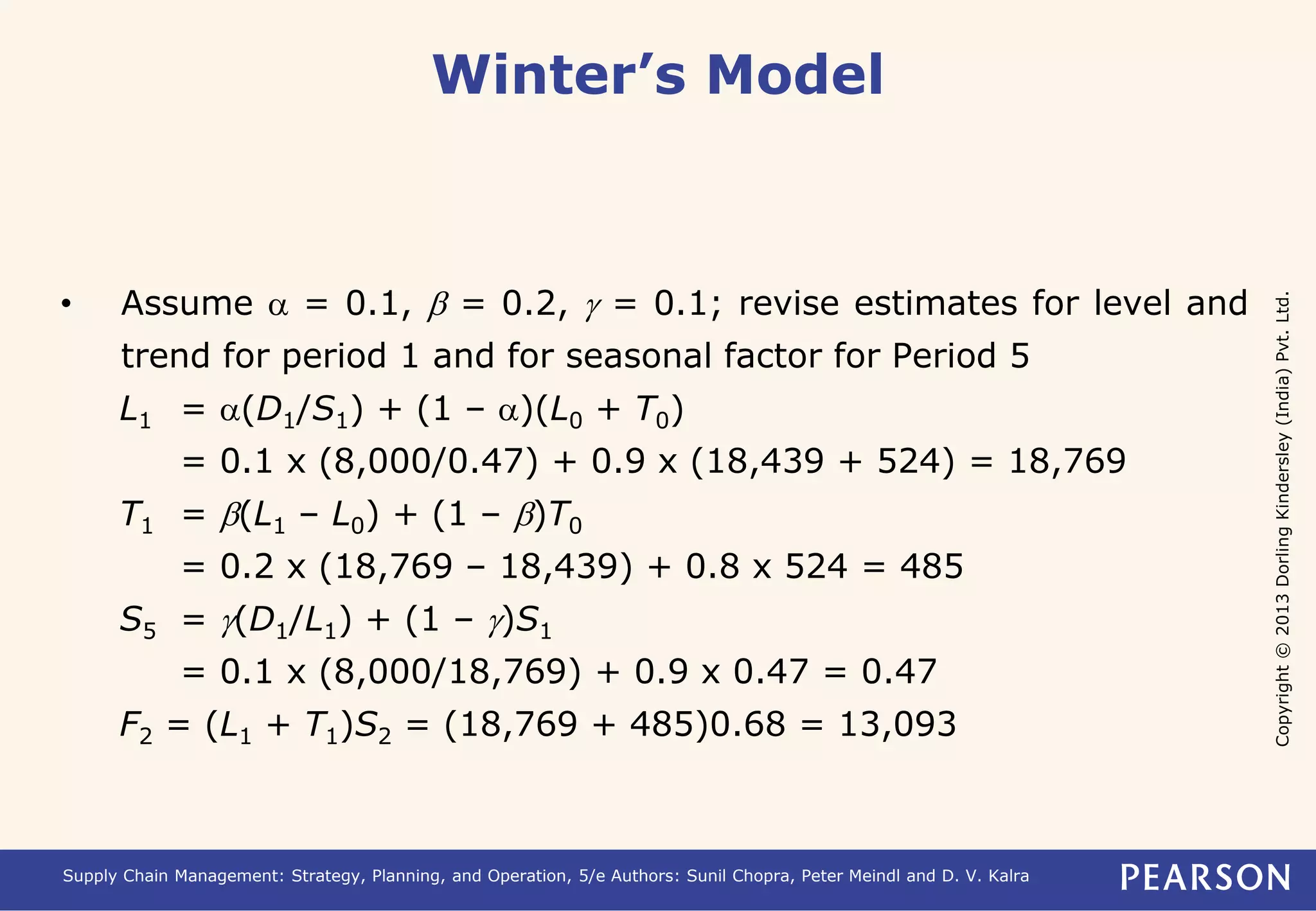 Copyright © 2013 Dorling Kindersley (India) Pvt. Ltd. 
Winter’s Model 
• Assume a = 0.1, b = 0.2, g = 0.1; revise estimates for level and 
trend for period 1 and for seasonal factor for Period 5 
L1 = a(D1/S1) + (1 – a)(L0 + T0) 
= 0.1 x (8,000/0.47) + 0.9 x (18,439 + 524) = 18,769 
T1 = b(L1 – L0) + (1 – b)T0 
= 0.2 x (18,769 – 18,439) + 0.8 x 524 = 485 
S5 = g(D1/L1) + (1 – g)S1 
= 0.1 x (8,000/18,769) + 0.9 x 0.47 = 0.47 
F2 = (L1 + T1)S2 = (18,769 + 485)0.68 = 13,093 
Supply Chain Management: Strategy, Planning, and Operation, 5/e Authors: Sunil Chopra, Peter Meindl and D. V. Kalra 
 