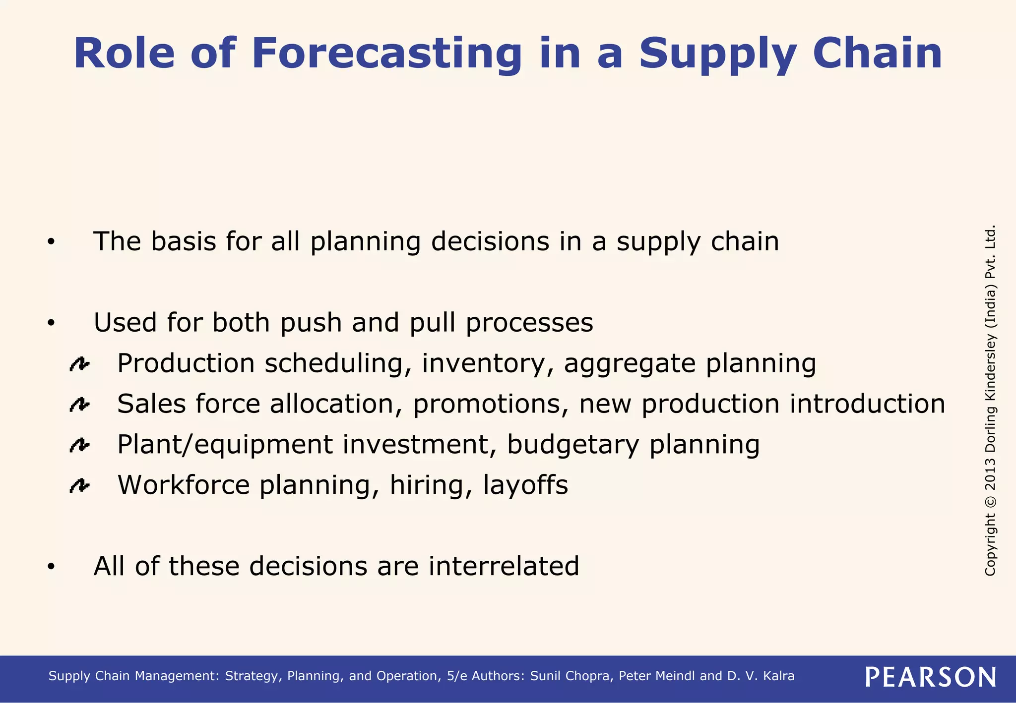 Copyright © 2013 Dorling Kindersley (India) Pvt. Ltd. 
Role of Forecasting in a Supply Chain 
• The basis for all planning decisions in a supply chain 
• Used for both push and pull processes 
Production scheduling, inventory, aggregate planning 
Sales force allocation, promotions, new production introduction 
Plant/equipment investment, budgetary planning 
Workforce planning, hiring, layoffs 
• All of these decisions are interrelated 
Supply Chain Management: Strategy, Planning, and Operation, 5/e Authors: Sunil Chopra, Peter Meindl and D. V. Kalra 
 