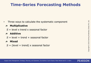 Copyright © 2013 Dorling Kindersley (India) Pvt. Ltd. 
Time-Series Forecasting Methods 
• Three ways to calculate the systematic component 
Multiplicative 
S = level x trend x seasonal factor 
Additive 
S = level + trend + seasonal factor 
Mixed 
S = (level + trend) x seasonal factor 
Supply Chain Management: Strategy, Planning, and Operation, 5/e Authors: Sunil Chopra, Peter Meindl and D. V. Kalra 
 