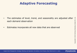 Copyright © 2013 Dorling Kindersley (India) Pvt. Ltd. 
Adaptive Forecasting 
• The estimates of level, trend, and seasonality are adjusted after 
each demand observation 
• Estimates incorporate all new data that are observed 
Supply Chain Management: Strategy, Planning, and Operation, 5/e Authors: Sunil Chopra, Peter Meindl and D. V. Kalra 
 